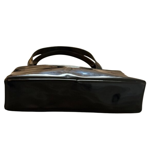 Lux Black Patent Leather Handbag Glossy VTG 60s Top Handles Gold Tone Hardware - Picture 3 of 14